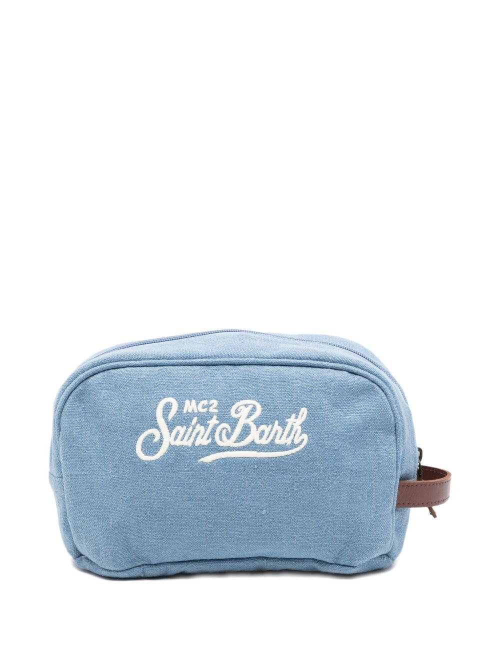 Pouch denim in lino con ricamo logo e chiusura a zip 
