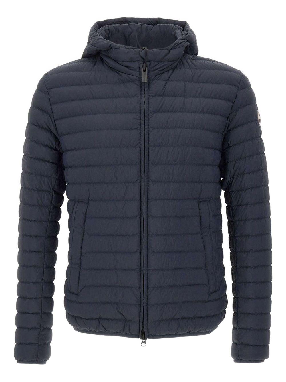 Piumino trapuntato blu con cappuccio 