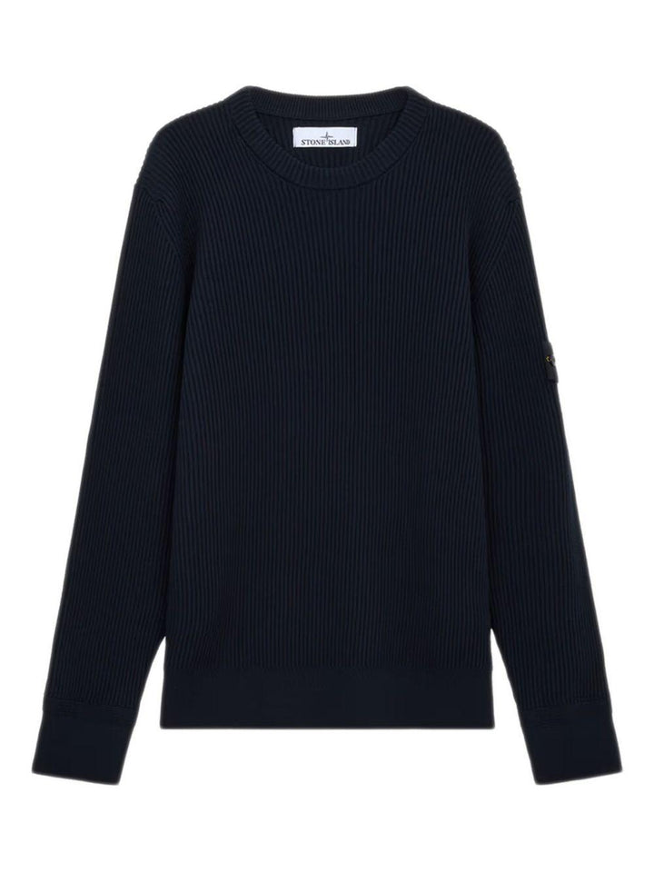 Maglione navy a coste con applicazione logo