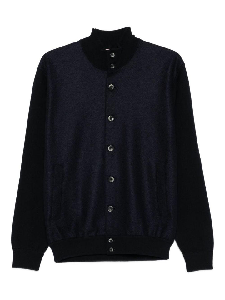 Cardigan blu a collo alto con bottoni 