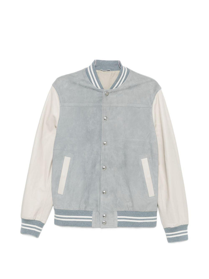 Bomber bimaterico denim/avorio a righe con inserti 