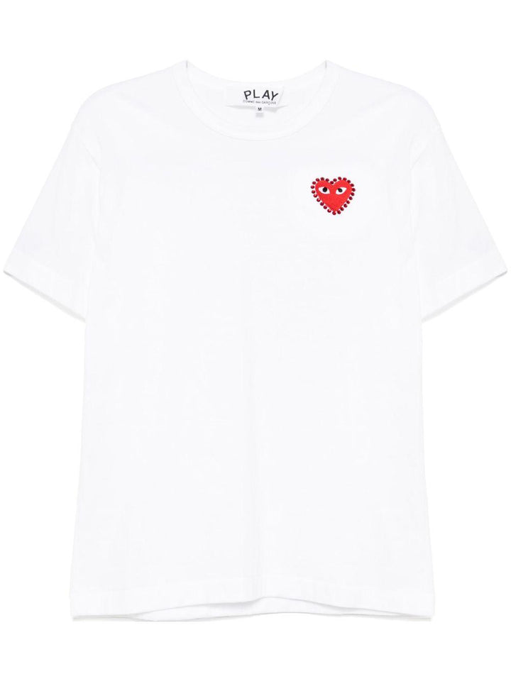 T-shirt bianca con applicazione logo e cristalli 