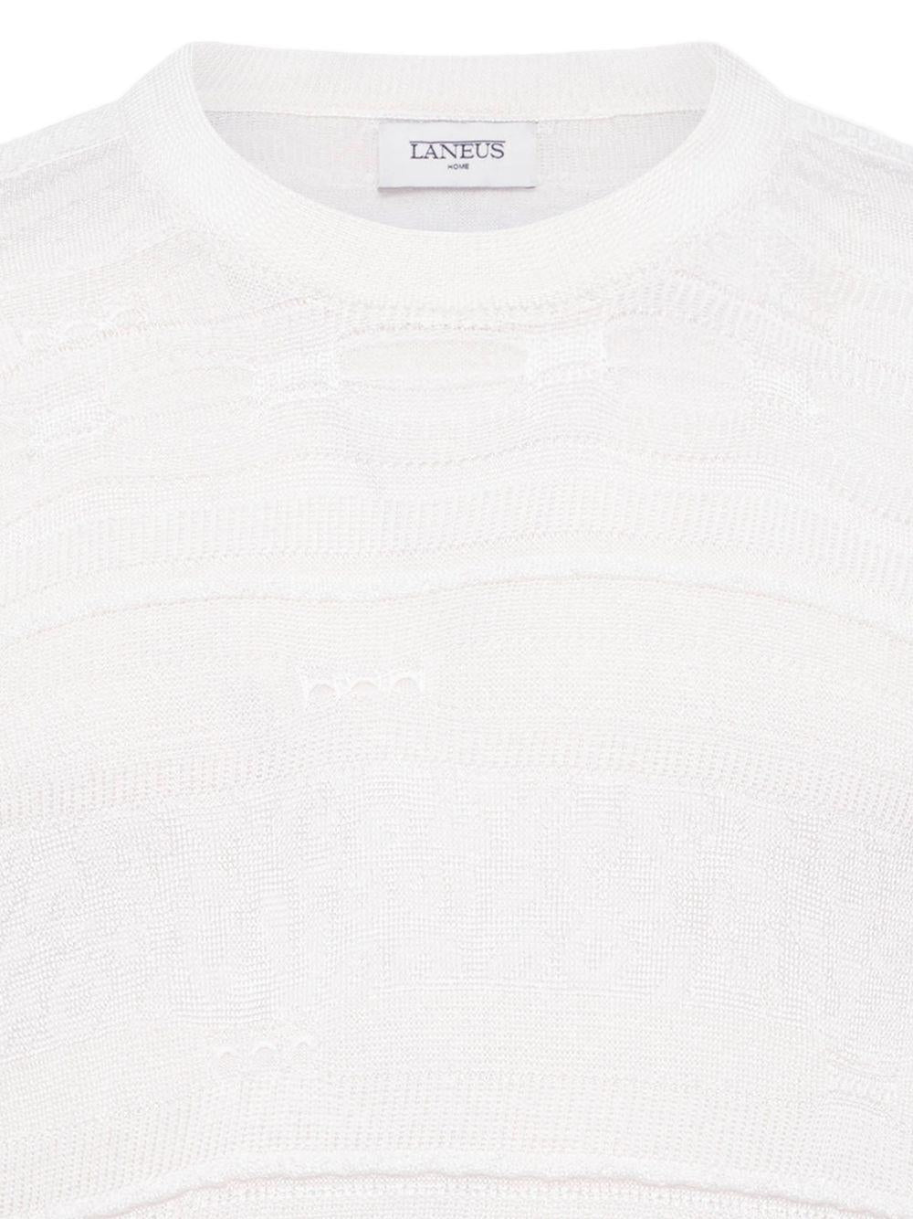 T-shirt panna in maglia con trasparenze 