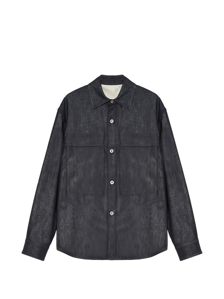 Camicia denim blu con cuciture a contrasto 