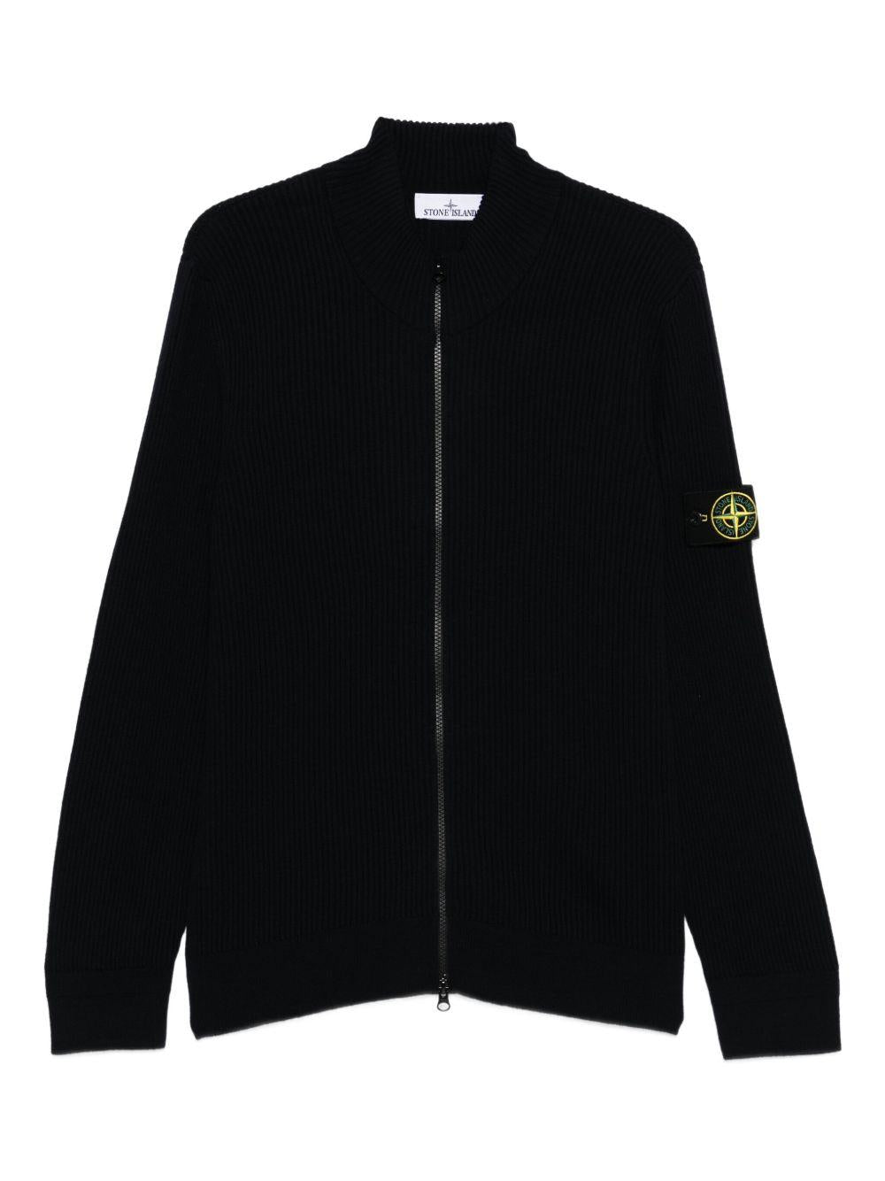 Cardigan blu scuro a coste con zip e collo alto 