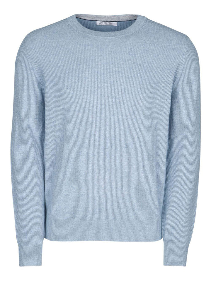 Maglione blu girocollo a coste in cashmere 