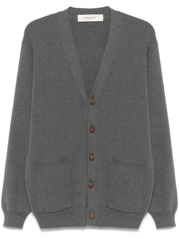Cardigan grigio medio con applicazione e chiusura frontale a bottoni 