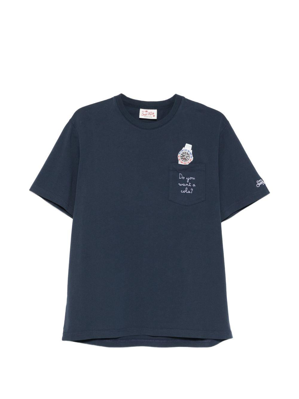 T-shirt blu con taschino sul petto e ricamo 