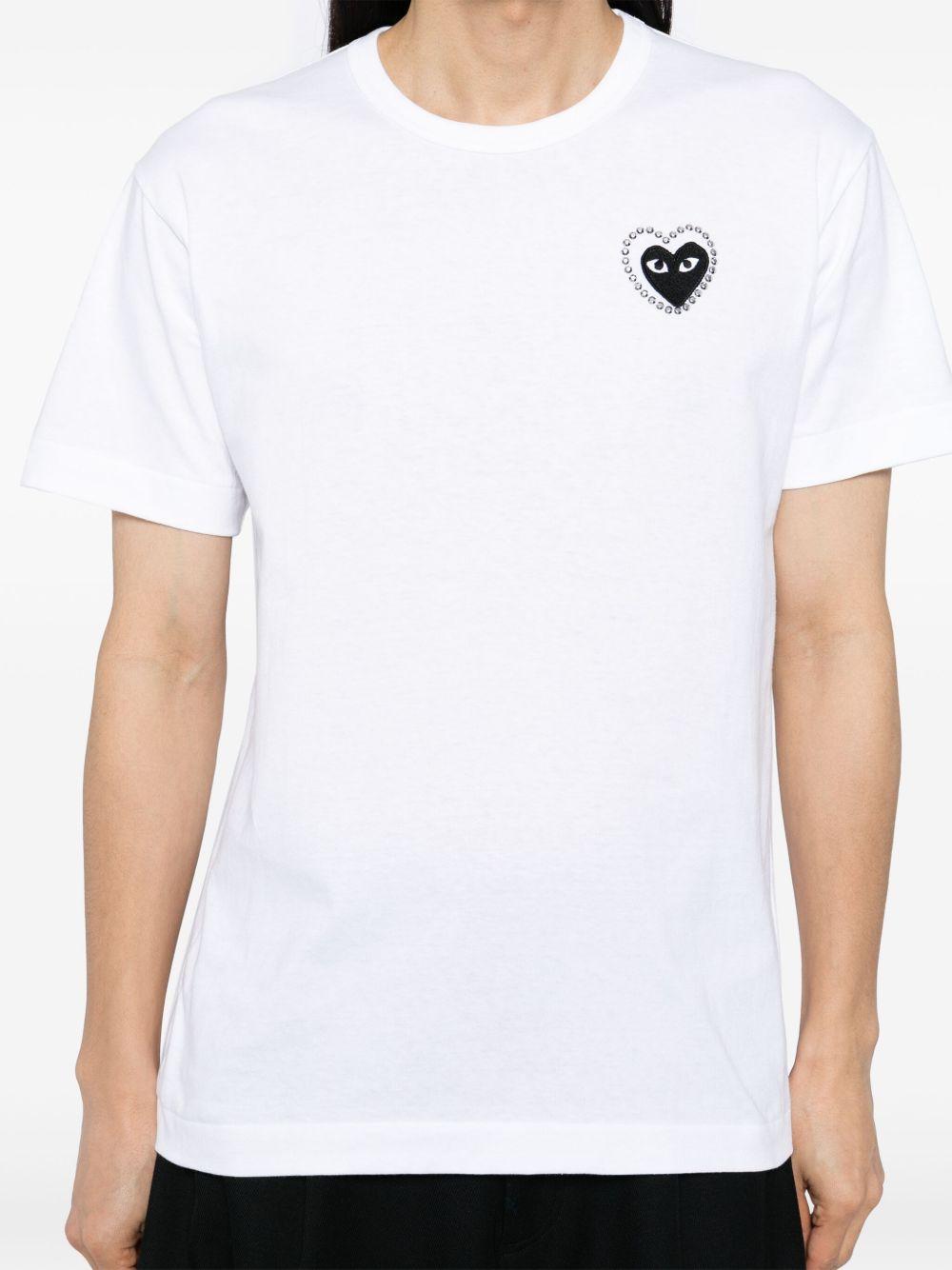 T-shirt bianca con applicazione logo e cristalli 
