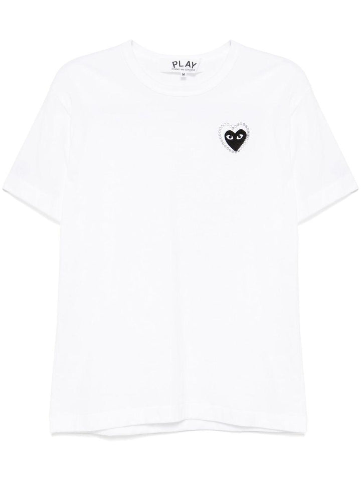 T-shirt bianca con applicazione logo e cristalli 