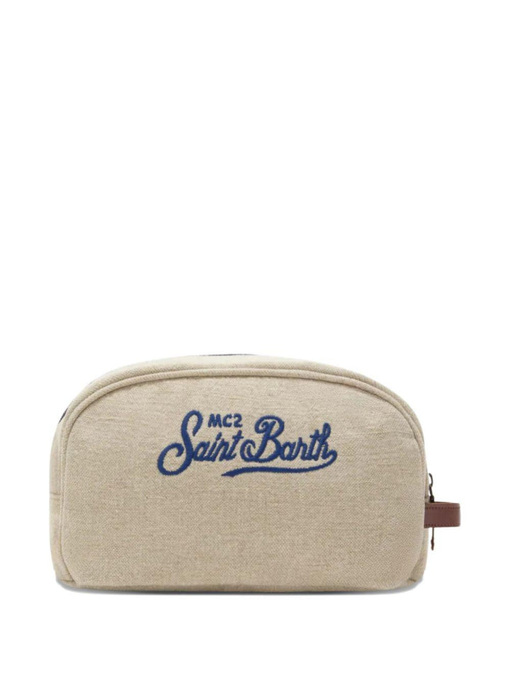 Pouch beige in lino con ricamo logo e chiusura a zip 