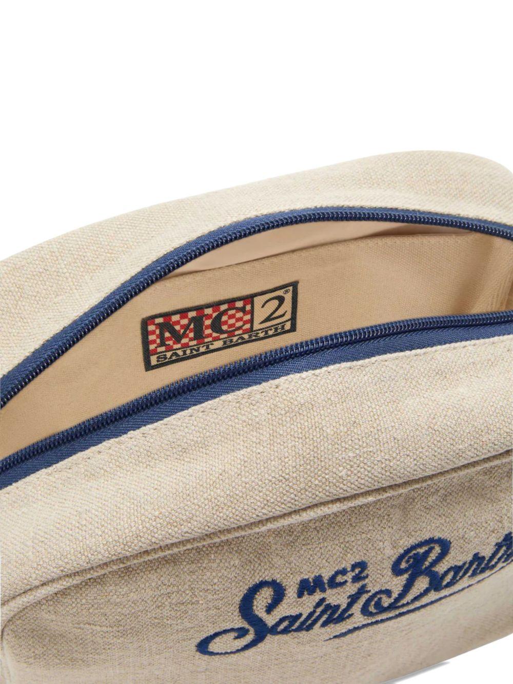 Pouch beige in lino con ricamo logo e chiusura a zip 