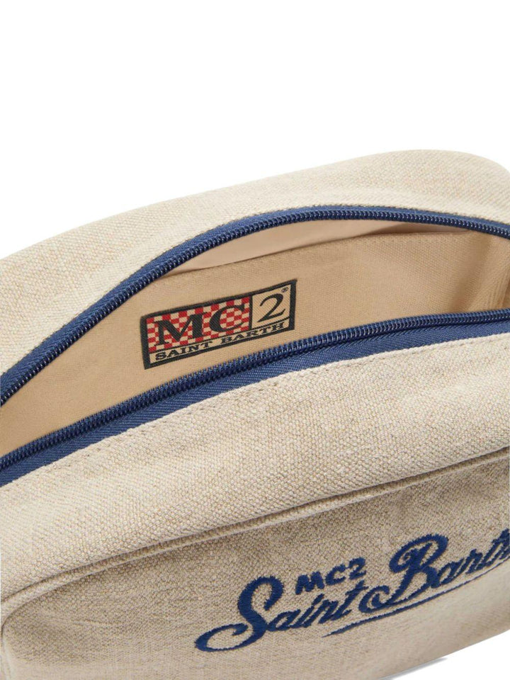 Pouch beige in lino con ricamo logo e chiusura a zip 