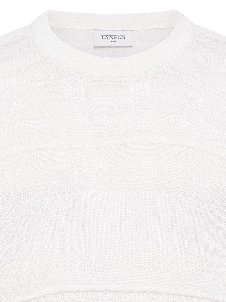 T-shirt panna in maglia con trasparenze 