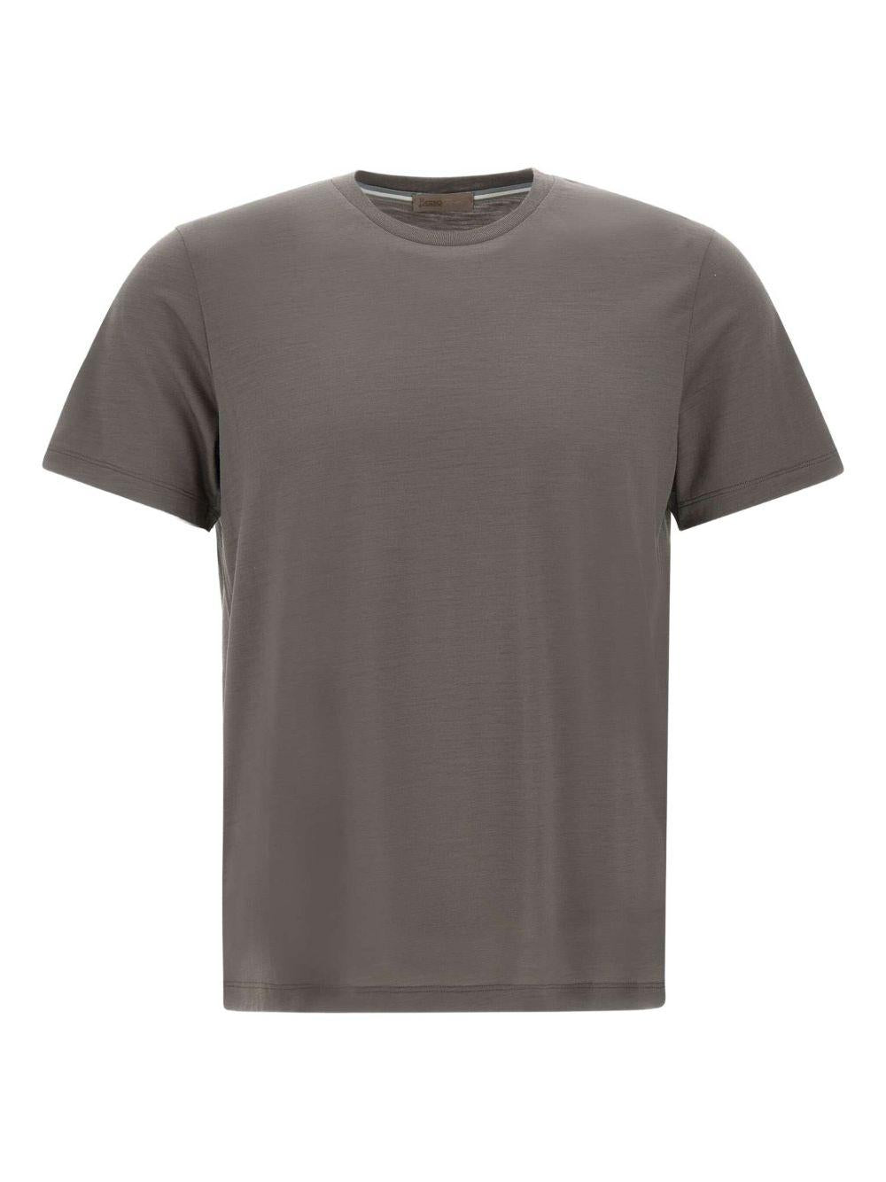 T-shirt grigia in lana con girocollo a coste 