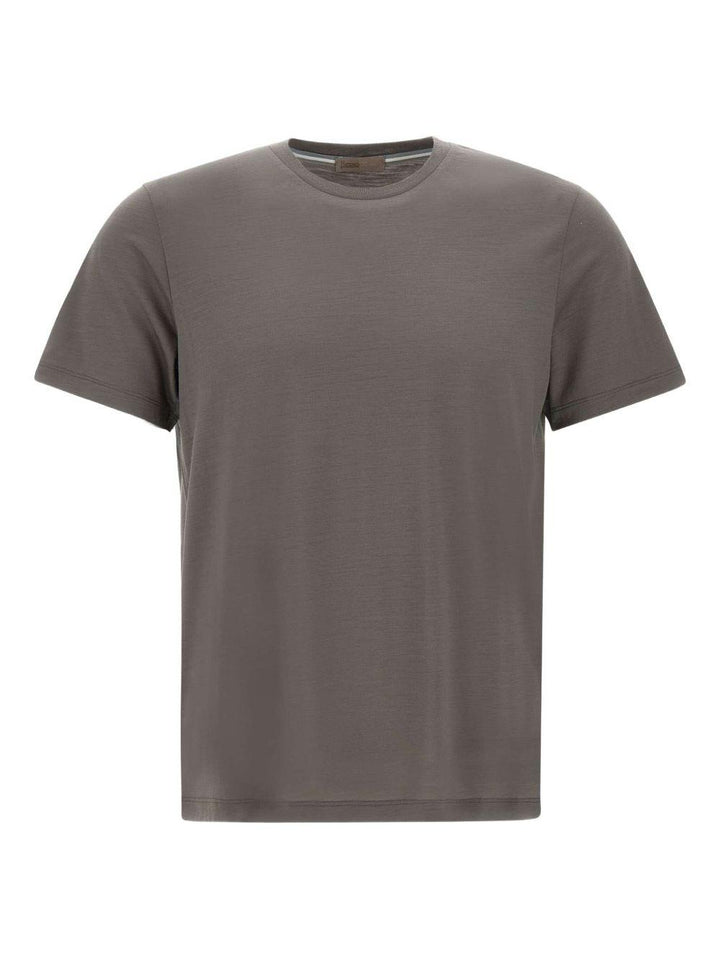 T-shirt grigia in lana con girocollo a coste 