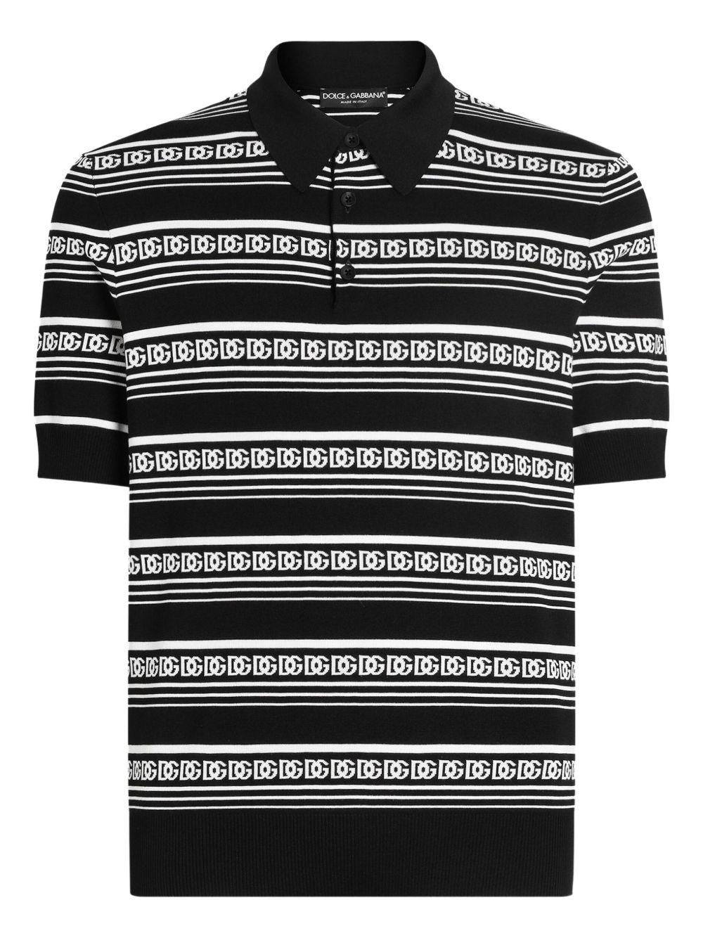 Polo nera in seta con logo all-over 