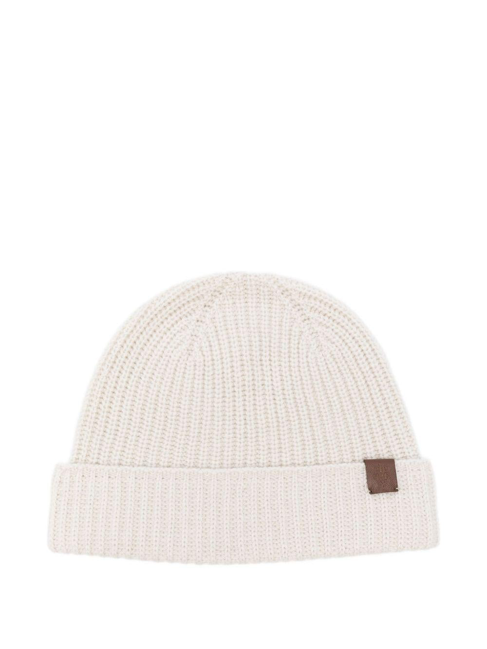 Berretto beige a coste in cashmere 