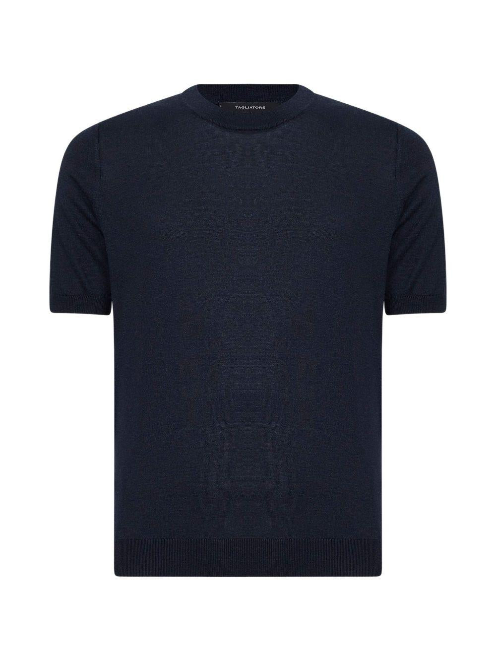 T-shirt blu in seta con finiture a coste 