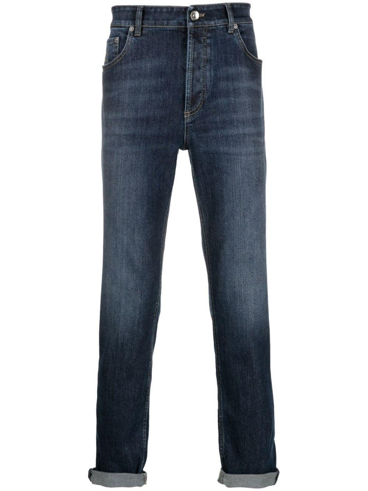 Jeans blu a vita media con logo inciso 