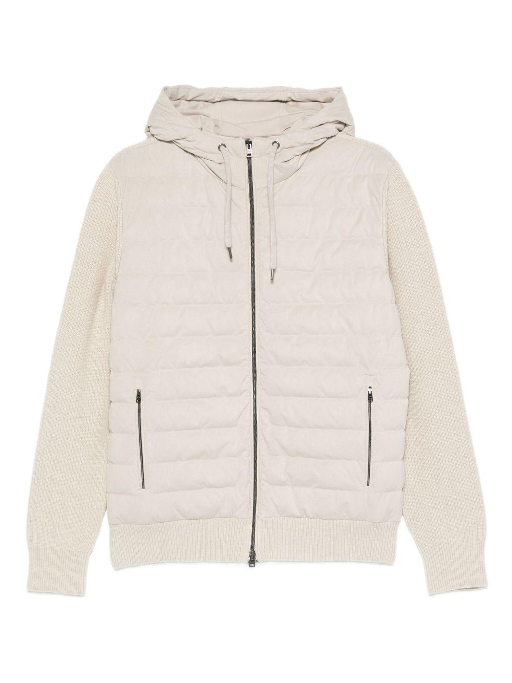 Piumino trapuntato beige con cappuccio 