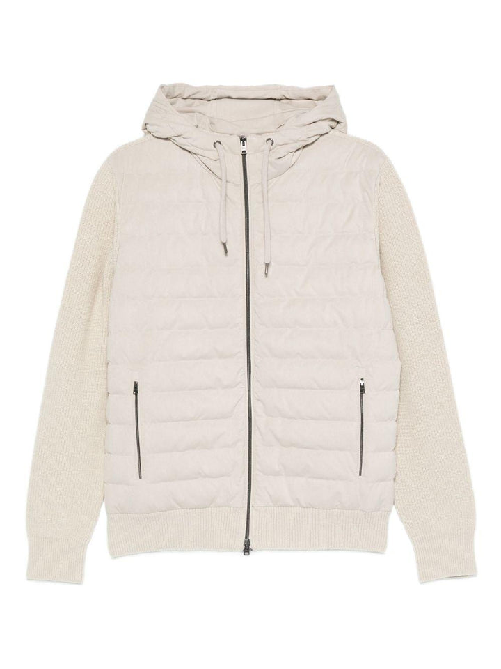 Piumino trapuntato beige con cappuccio 